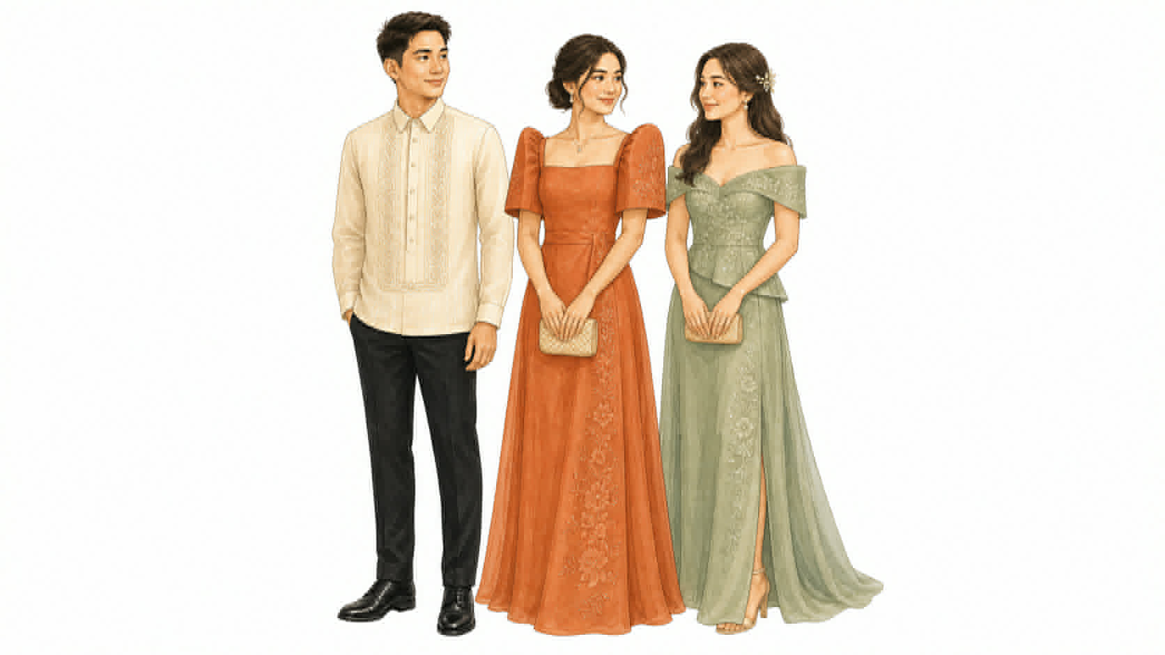 Barong tagalog, terracotta terno, and sage Filipiniana gown — the look together